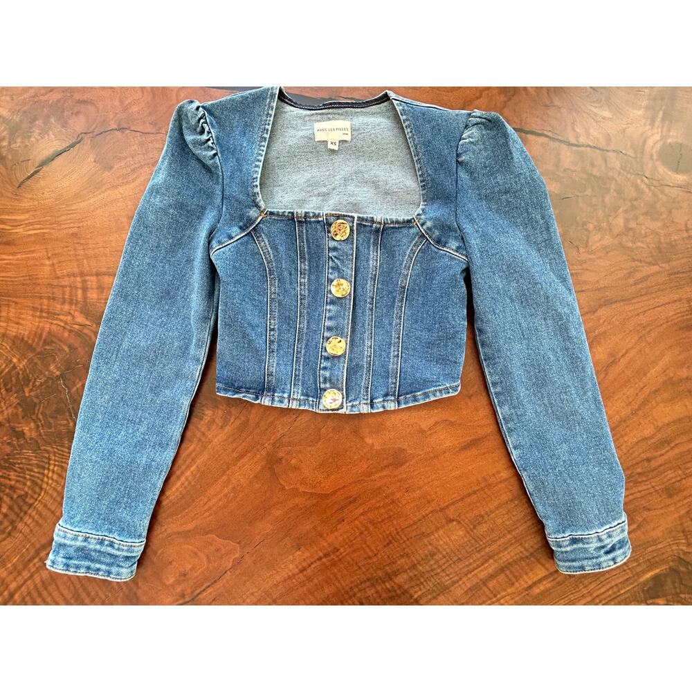 Avec Les Filles Denim Corset Crop Top - Gold Buttons - XS